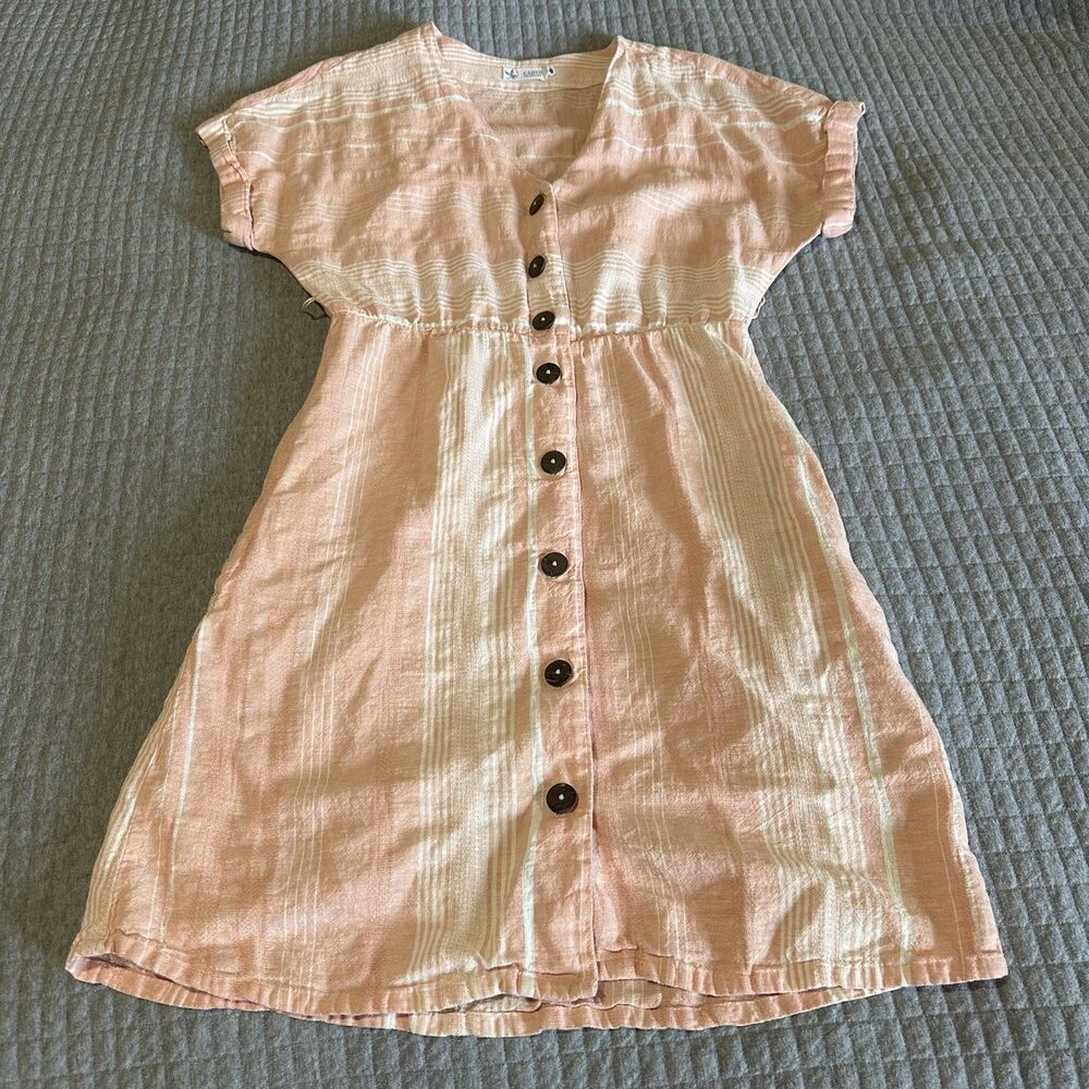 Carve Designs Linen Cotton Striped Dress Peach White Button A-Line XS Spring